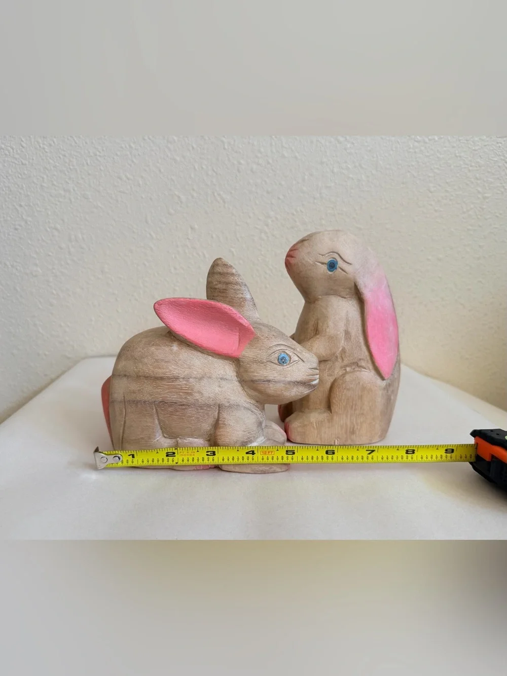 Vintage Thai Wooden Rabbit Hare Figurines Pair Hand Carved Painted 1980s 1990s